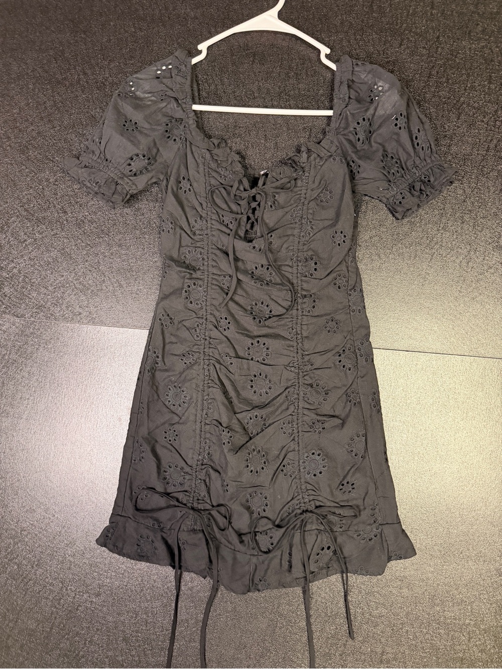 Black Eyelet Lace-Up Smocked Mini Dress with Puff Sleeves Size S